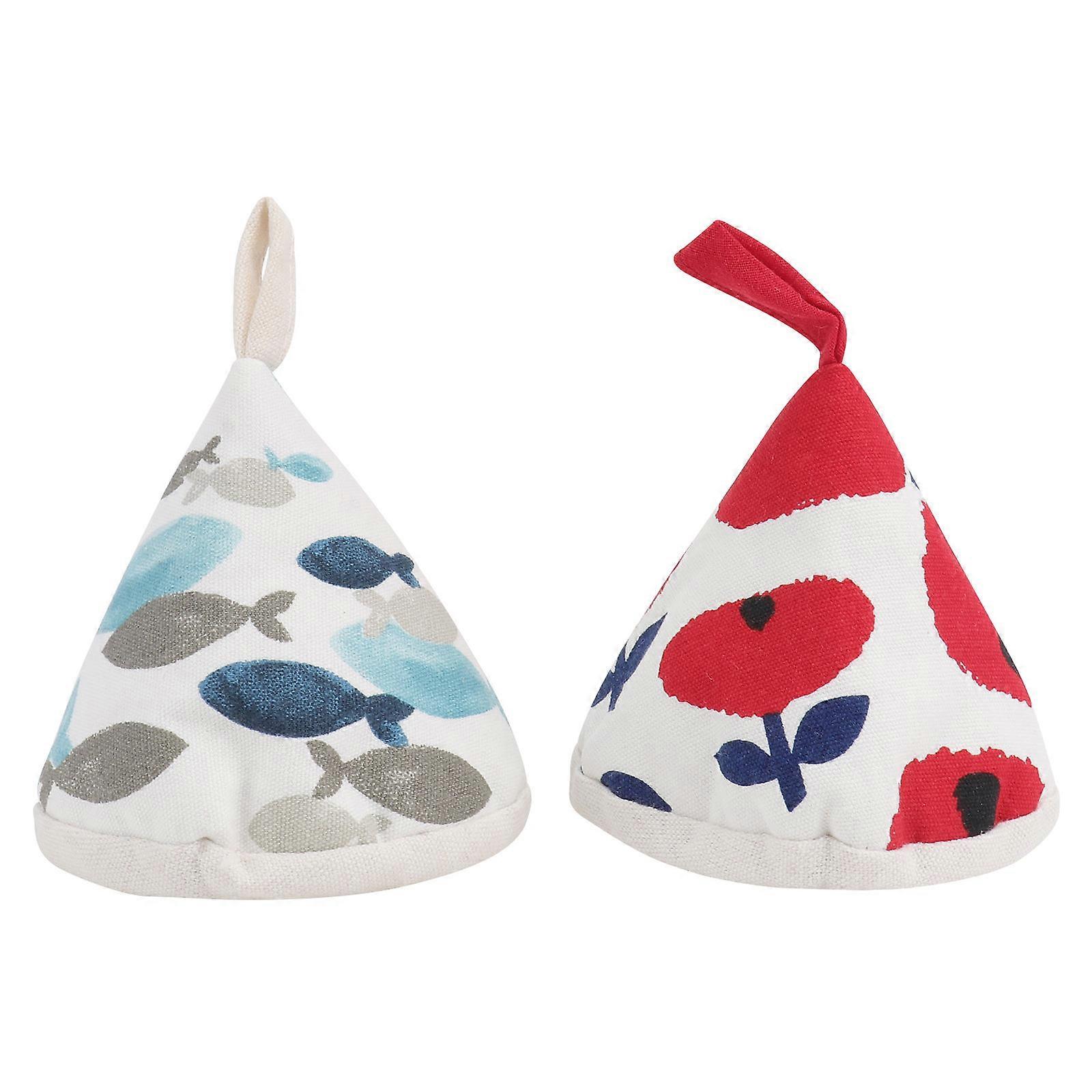 2pcs Heat Insulated Triangle Pot Cover Hats Handle Protectors for Safe Cooking, Attractive Design, Fish and Apple Patterns, for Grilling, Baking,