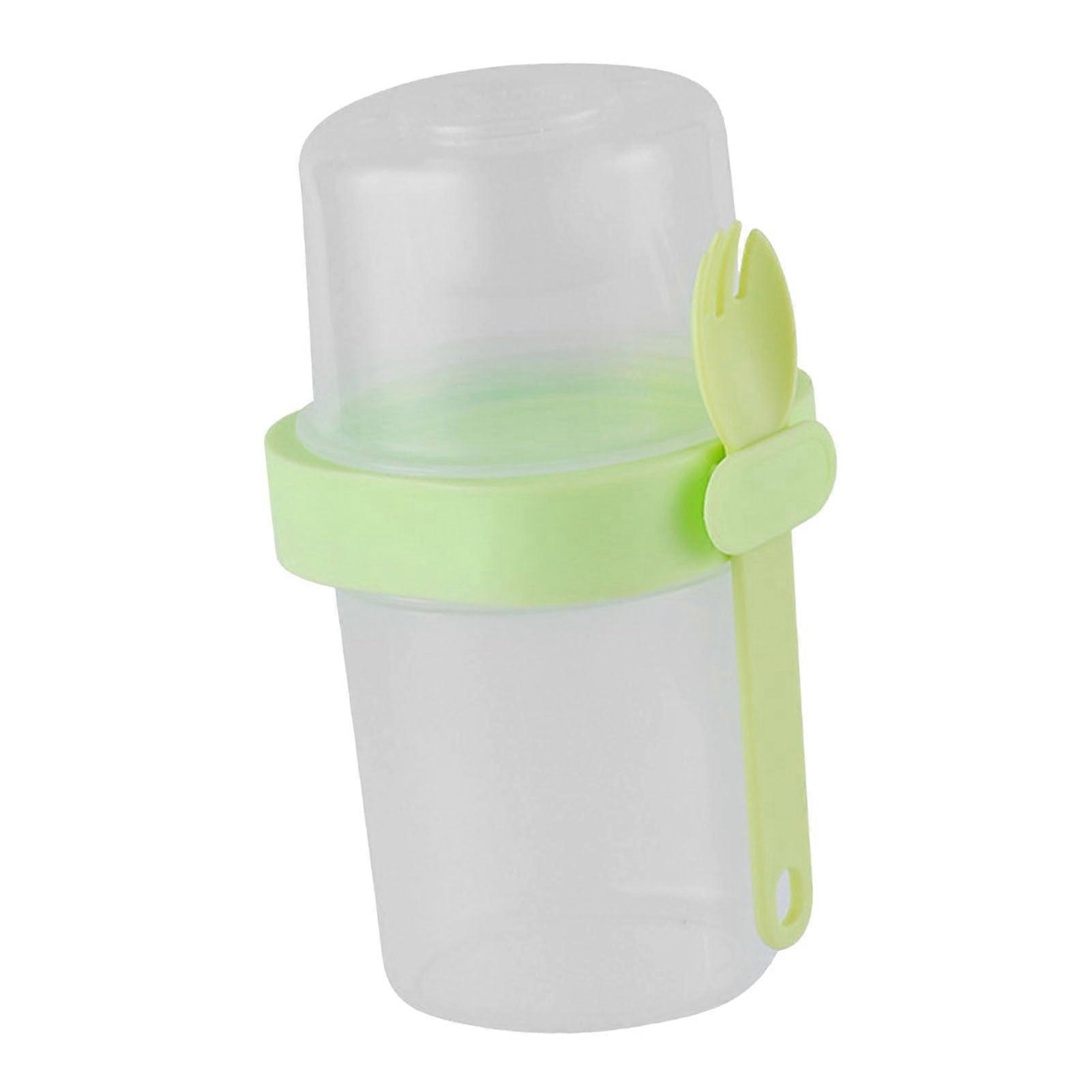 Doublelayer portable salad dressing container with lid and spoon for milk, vegetables, fruits, travel, outdoor, office, green, 500 ml