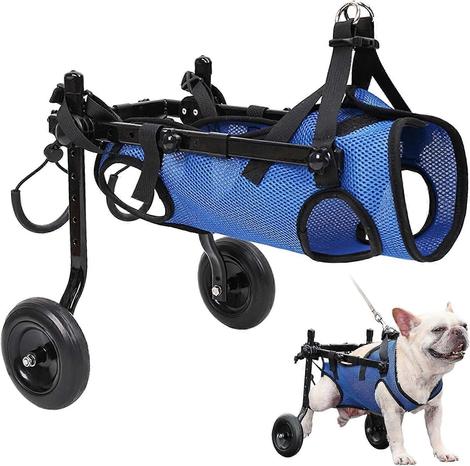 Adjustable pet wheelchair, hind leg support for small dogs, with wheels and harness, blue
