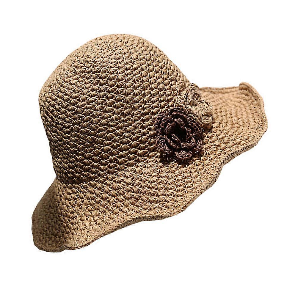 Straw Weaving Hat Foldable Sun Hat Khaki Round Shape For Seaside Activities Breathable And Cooling 1Pcs