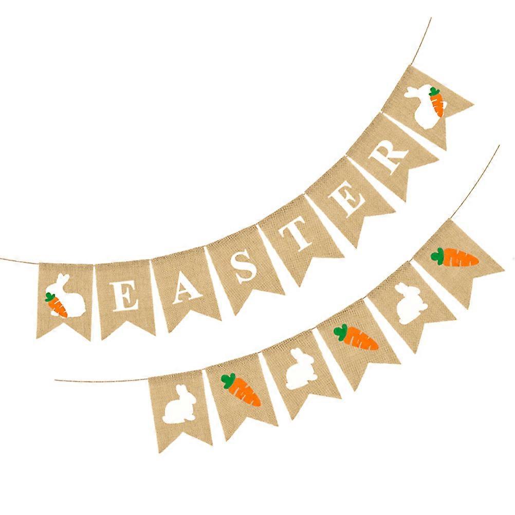 Linen Easter Party Banner with Rabbit & Carrot Design – Festive Swallowtail Bunting for Holiday Decor & Photo Props