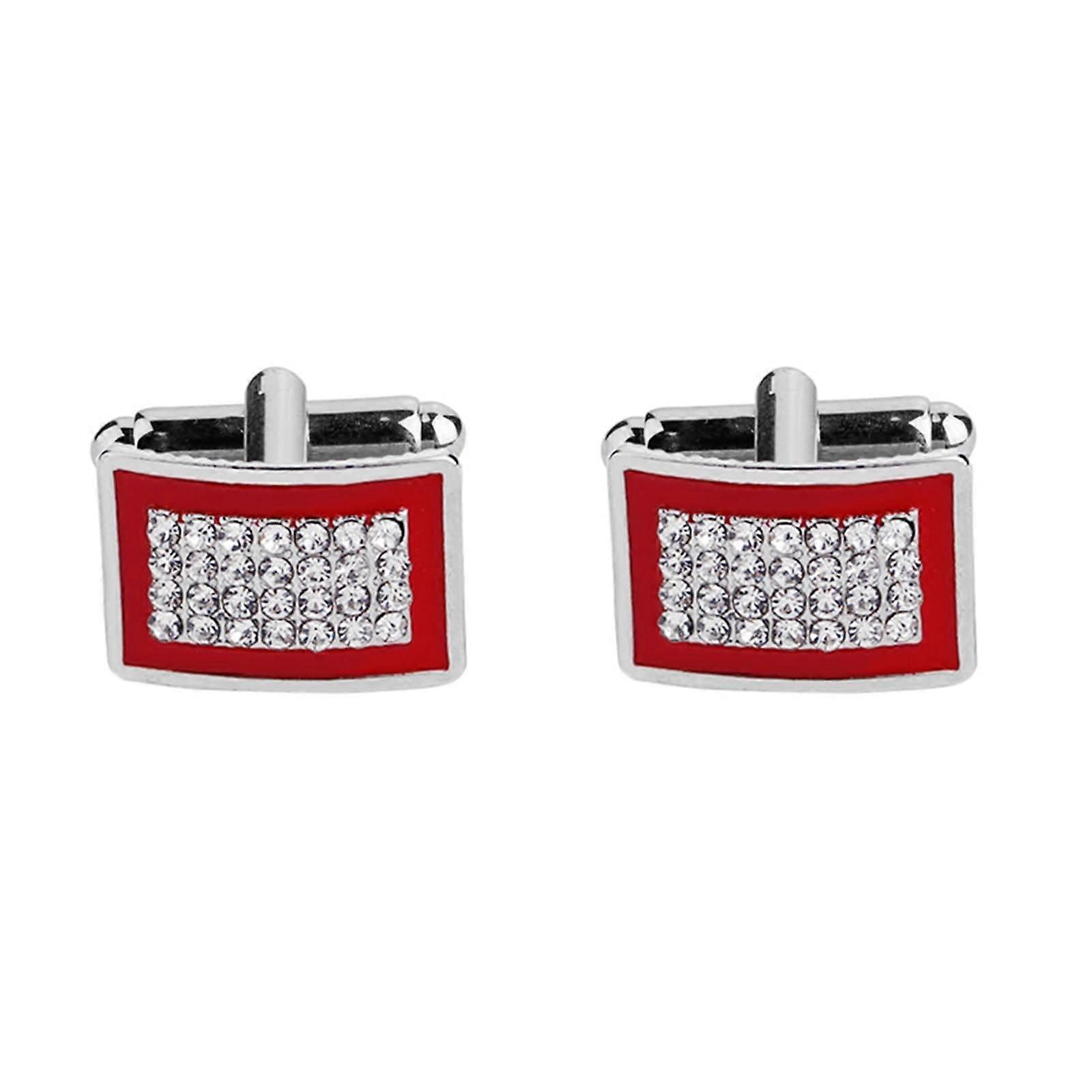 Men's  Rectangle Cufflinks with Zirconia and Enamel, Silver Shirt Cufflinks with Red Gift Box