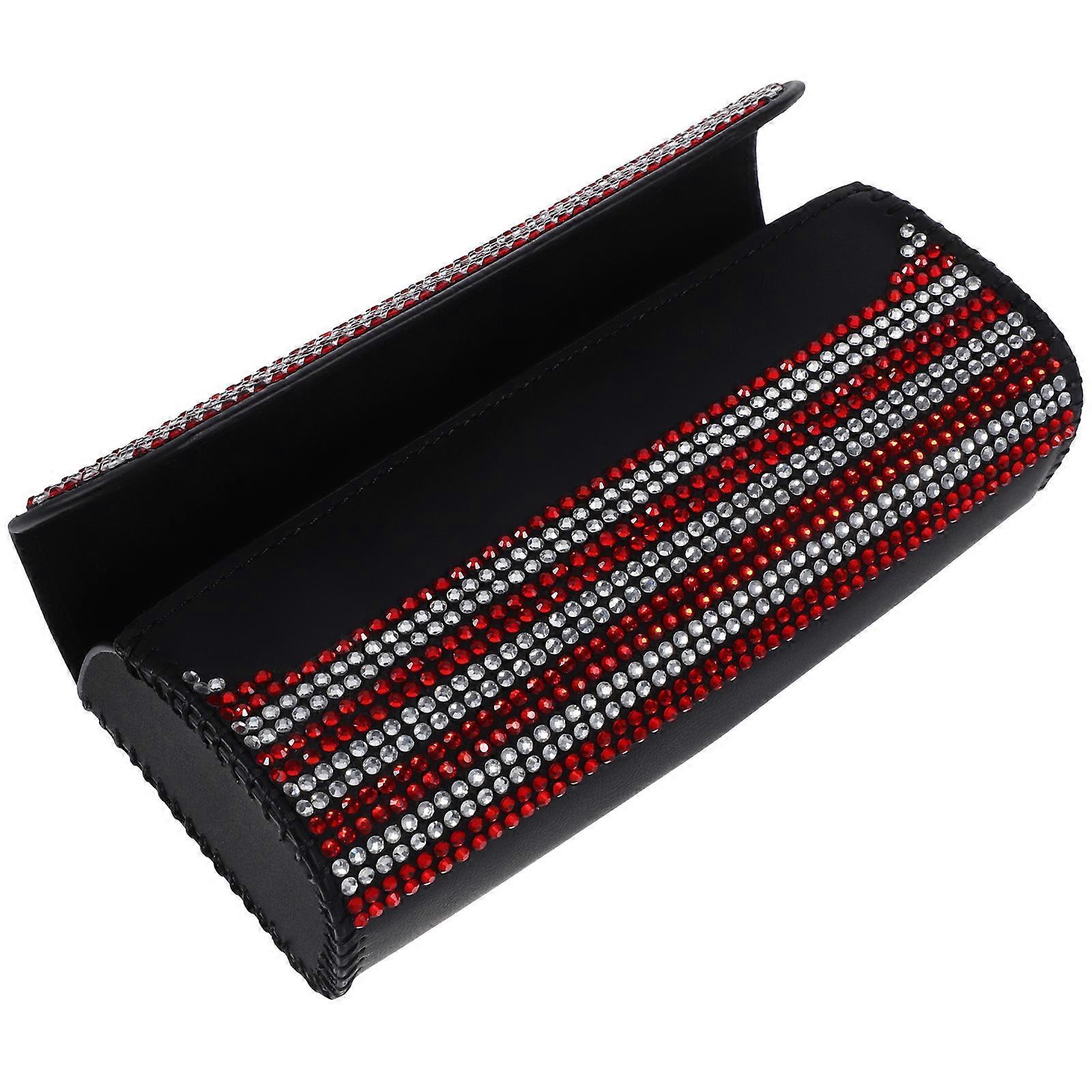 Red Eyeglasses Holder for Car Visor Made of Microfiber with Rhinestone Decor 7.5 x 4.5 inches