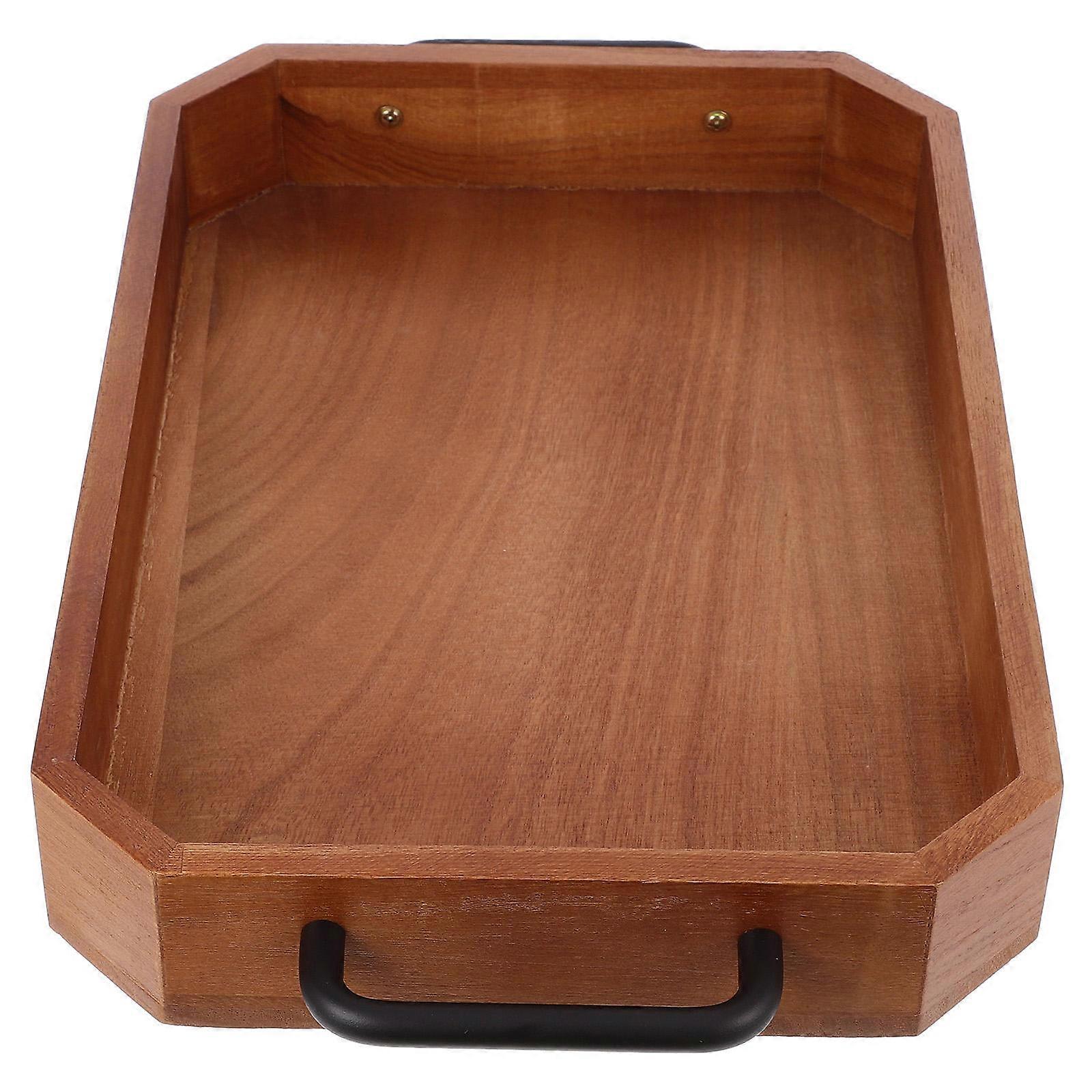 Wooden Food Serving Tray for Daily Use Coffee Color with Iron Handles and Large Capacity Design 14.2 x 8.7 Inches