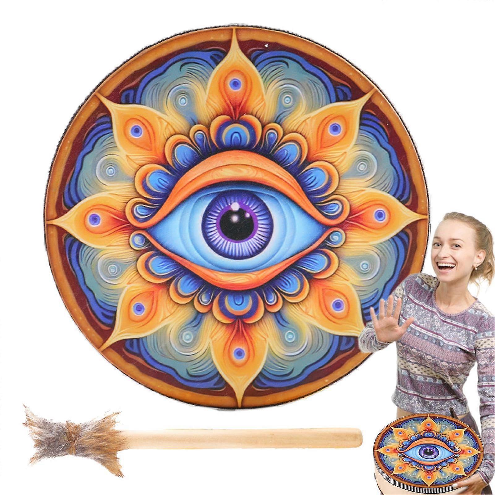 Wooden Drum For Shamanic Use With Drumstick Included, Reflection Meditation, Sound Healing Tool, Sun Eye Style A