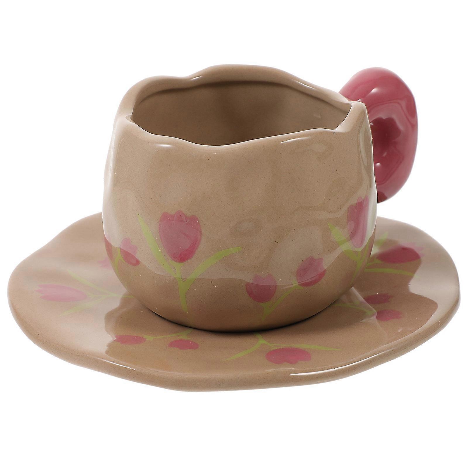 Unique Irregular Shape Vintage Coffee Cup With Saucer Ideal For Restaurants And Cafes 13X9X8CM Pink Drinking 1 Set
