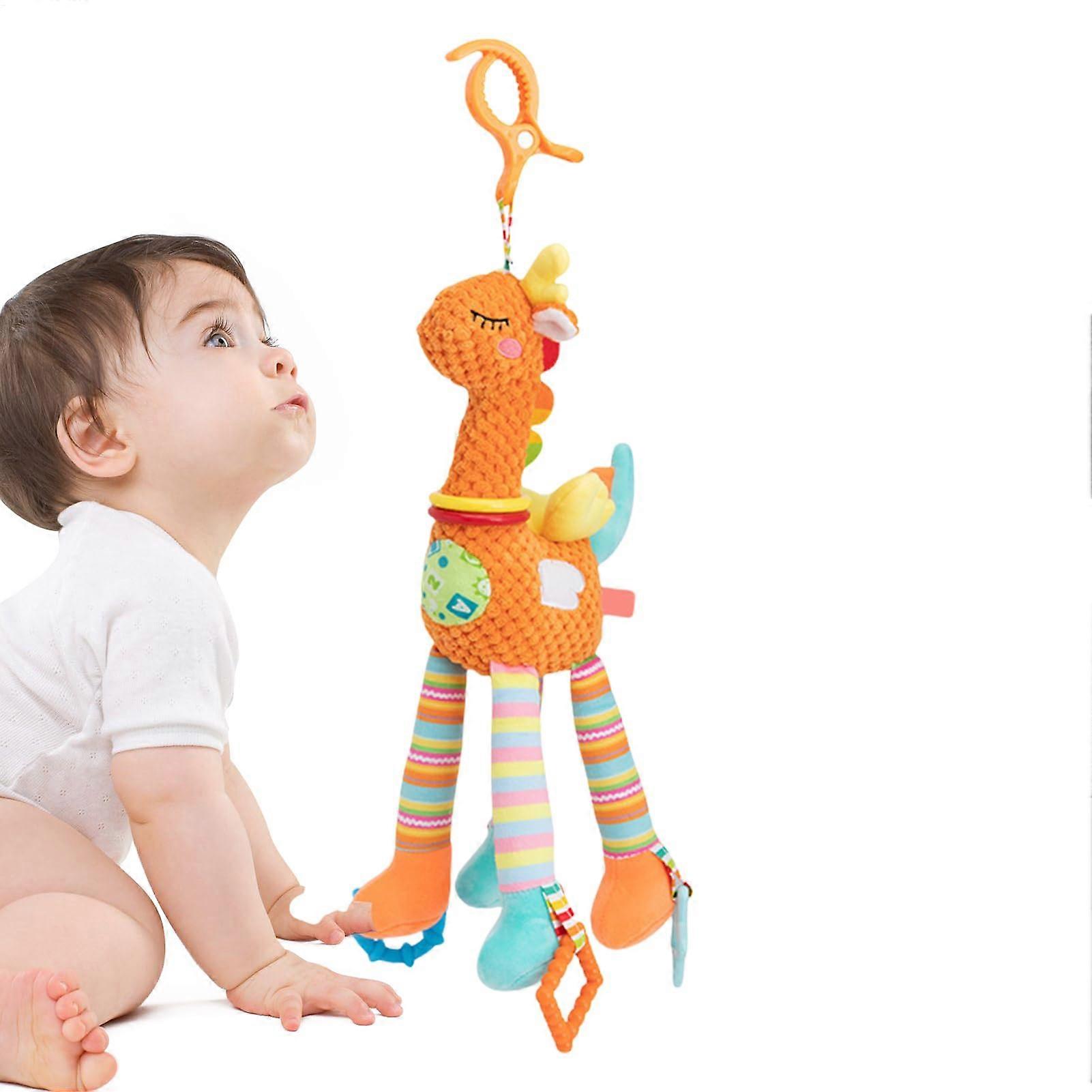 Baby Stroller Toys Soft Plush Multisensory Crinkle And Rattle Textures With Wind Chime For Nursery And Pre-Sleep Orange