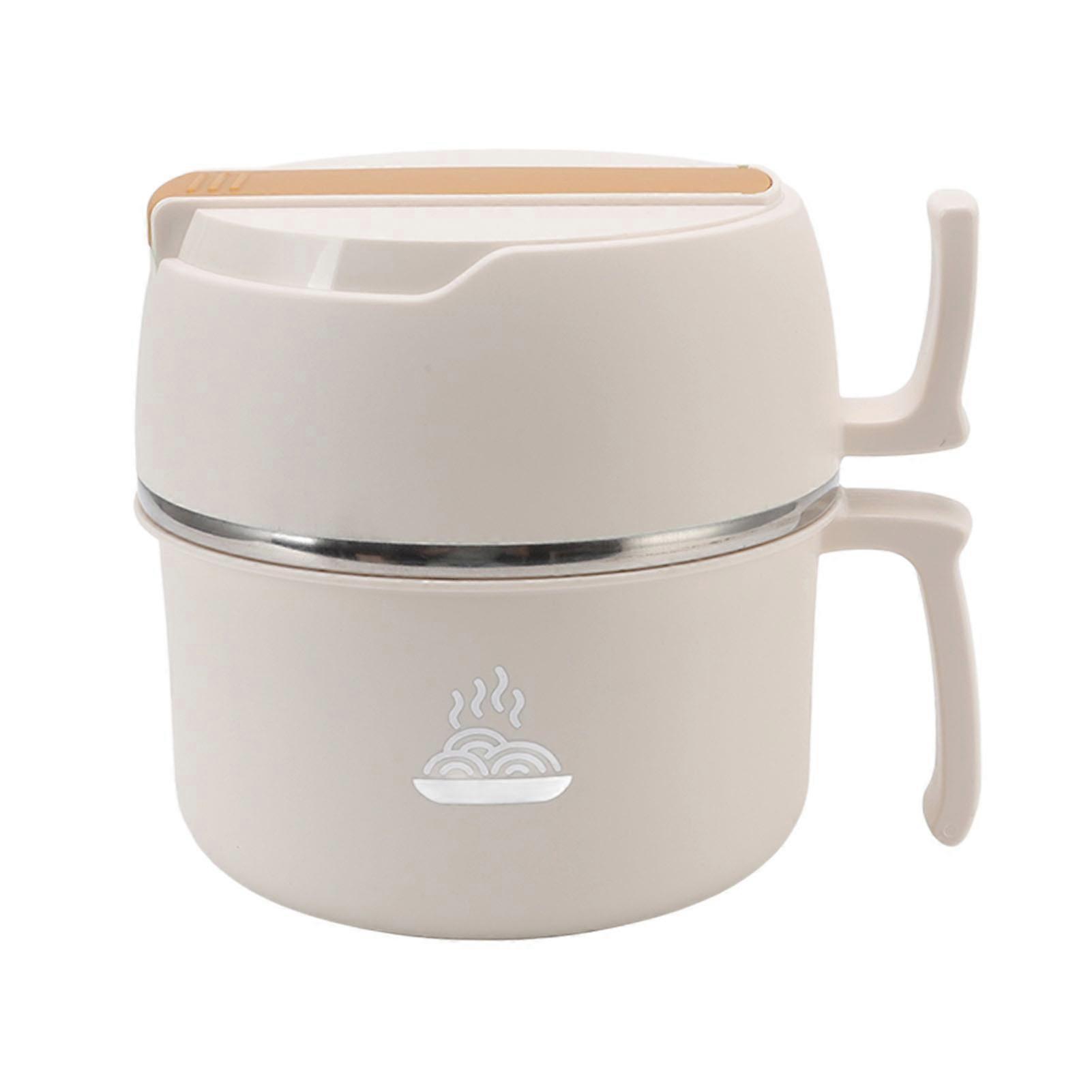 Stainless Steel Noodle Bowl, Lunch Box, Double-Layer Ramen Bowl with Lid with Handle, Fork and Spoon for Office Workers, Students, Beige