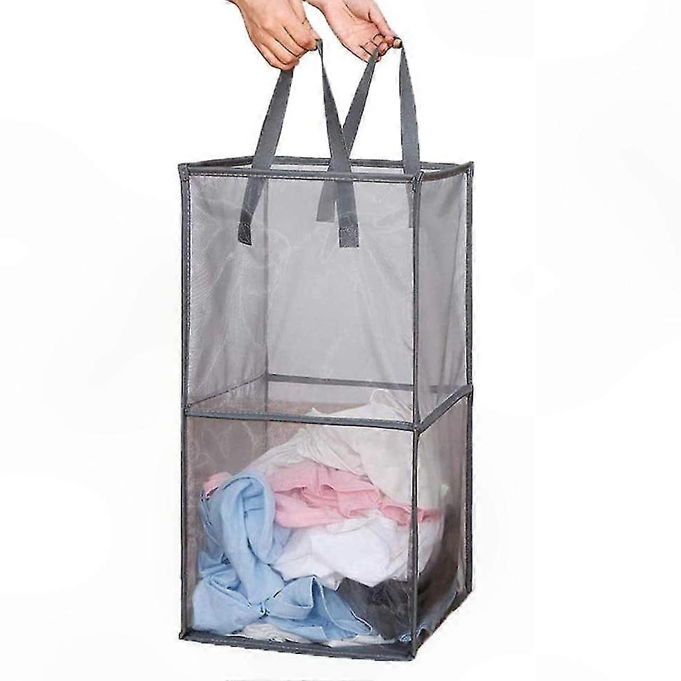 Collapsible Mesh Laundry Basket with Handles - Foldable Double Layer Storage Solution (Black)