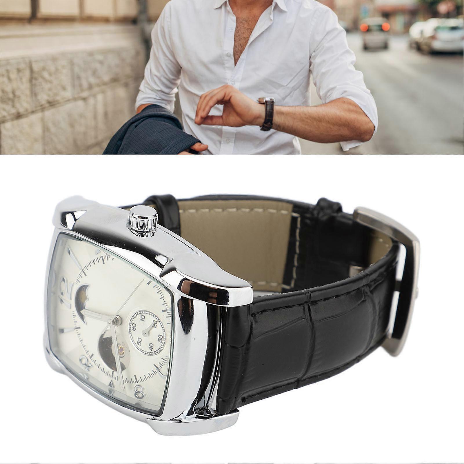 Skeleton Automatic Mechanical Watch Men 45mm Silver White PU Strap