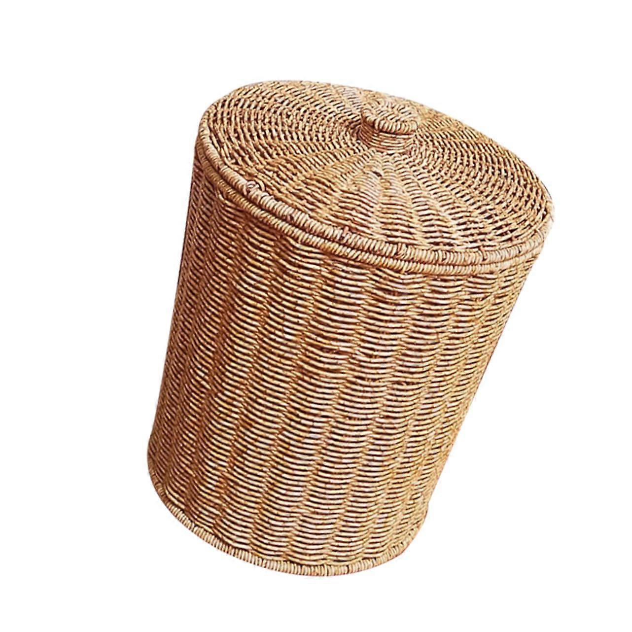Large Capacity Round Faux Rattan Waste Basket with Lid for Bathroom Bedroom Office Vintage Style Trash Can Compatible with Garbage Bags