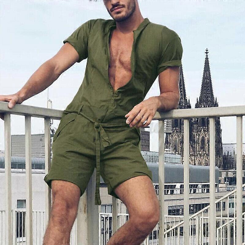 Summer Men's Solid Color One Piece Short Sleeve Short Pants Elegant Button Men Jumpsuits Rompers