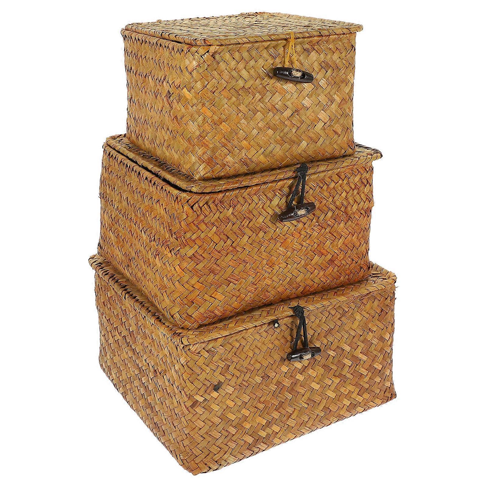 Storage Box With Lids 1 Set Desktop Organizer For Home Use Brown Design 3-Pcs