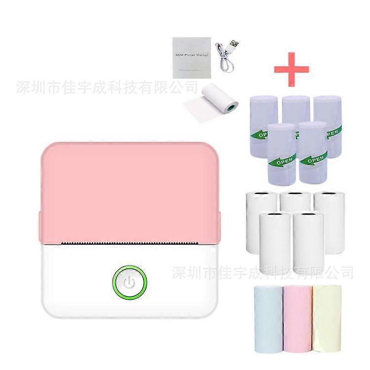 Portable Thermal Printer with 5 Rolls of Printing Paper, 5 Rolls of Adhesive Paper and 3 Rolls of Colored Paper Pink