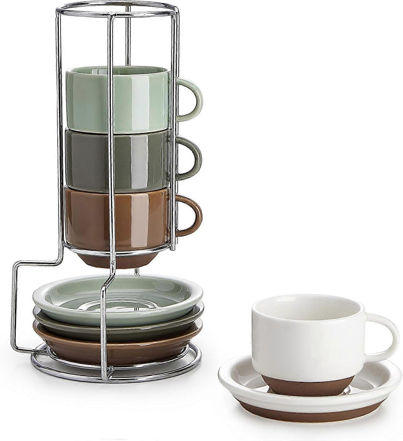 2.5 Ounce Espresso Cups Set of 4, Porcelain Stackable Coffee Cups with Saucers and Metal Stand, Multicolor