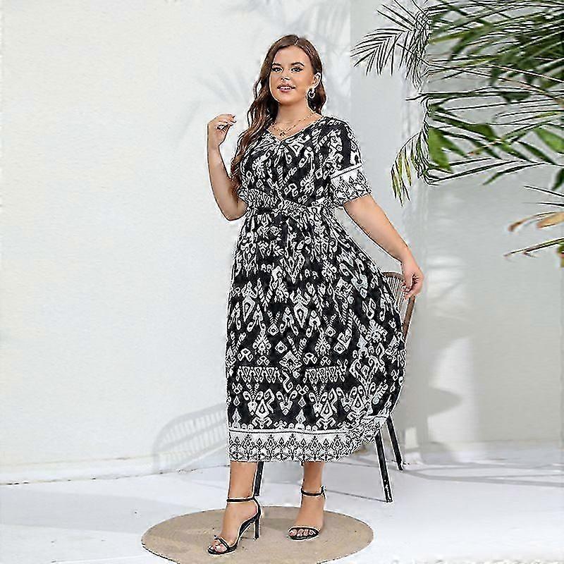 Vestido Plus Size de Rayon Temperamento Elegante Cintura Elástica Vestido com Decote V