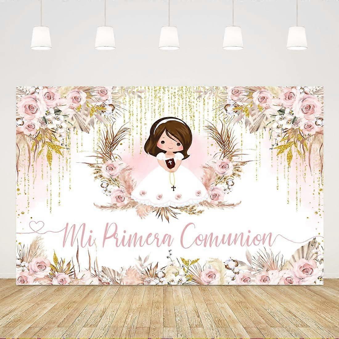5x3ft Mi Primera Comunion Backdrop Boho Pink Flower for Girl Background Mi Bautizo Baptism First Holy Communion