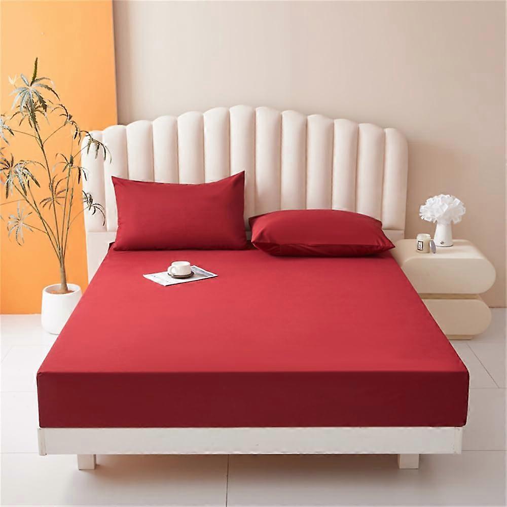 Waterproof Microfiber Fitted Sheet 25cm Deep Pocket AntiSlip Solid Color for Double Bed 140x200cm Red
