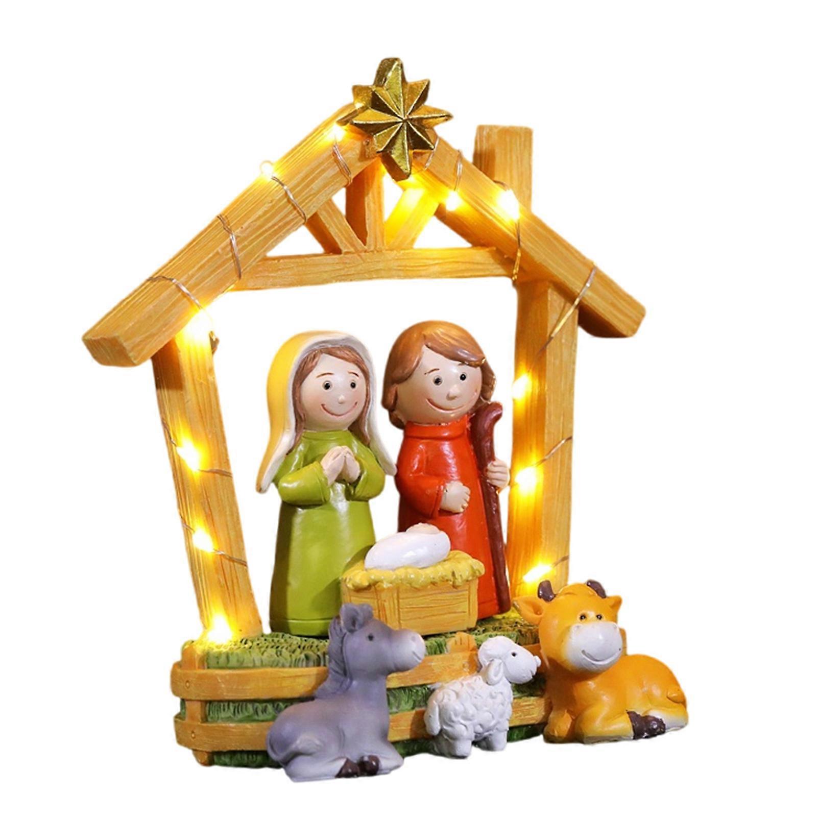 Christmas Nativity Scene Figurines Religious Ornament Set with LED Light for Indoor Display Tabletop Holiday Decors Multicolor