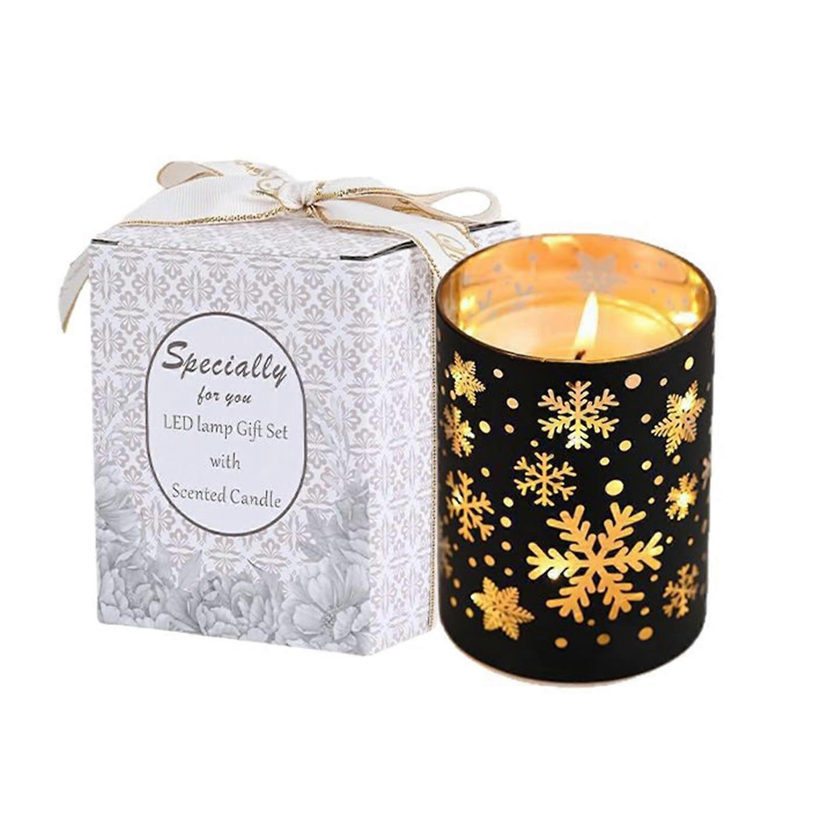 Christmas Candle Holders Glass Tealight with LED Light Snowflake Pattern for Table Decor Battery Powered Black