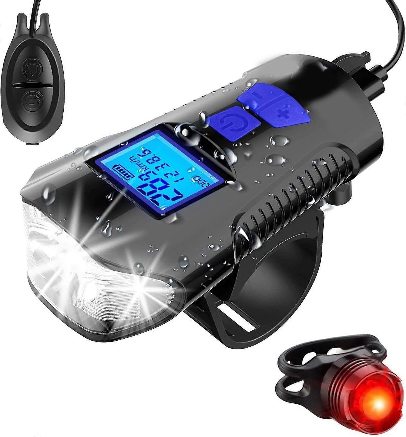 Bike Speedometer with Bike Light Set, IPX7 Waterproof Bicycle Computer with Horn LED Front