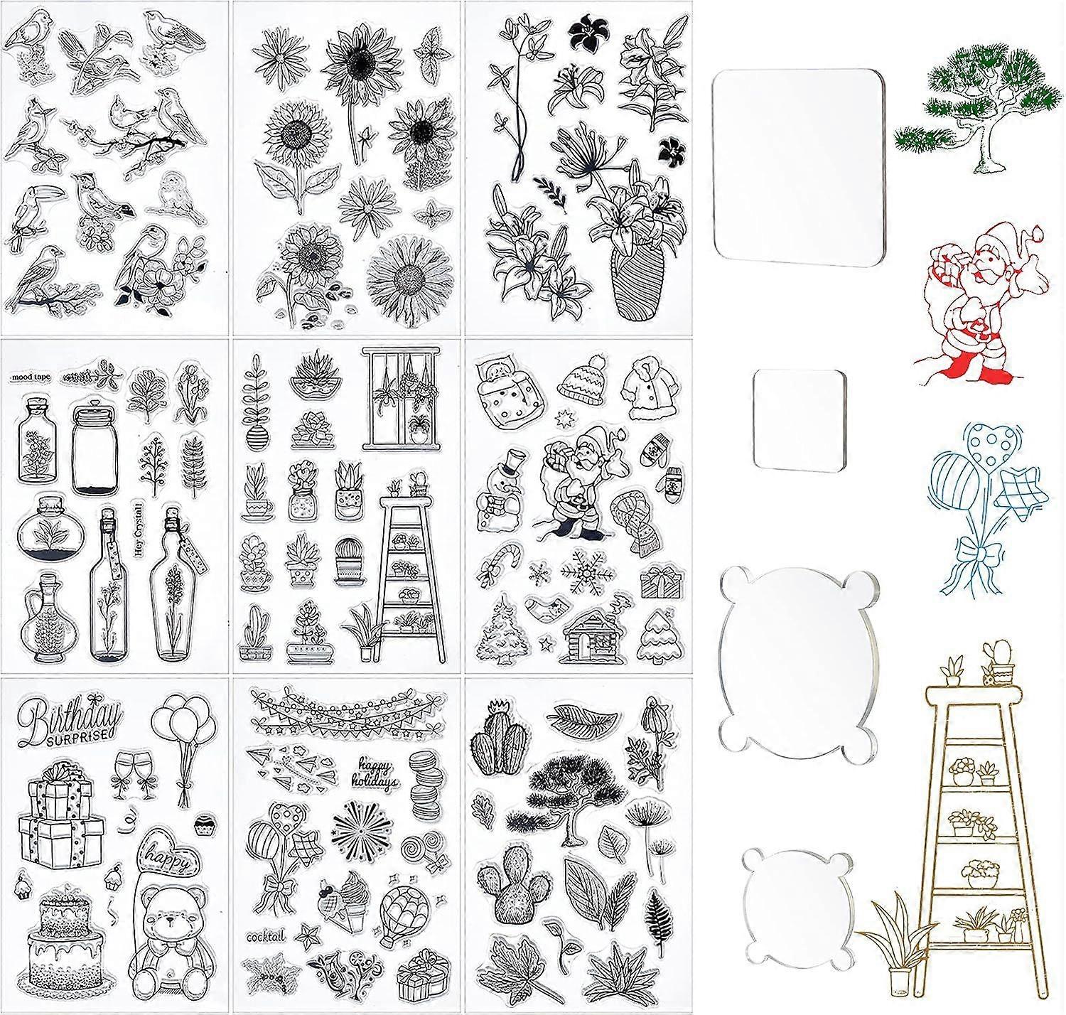 9 Pieces Flower Plants Clear Stamps Set and 4 Pieces Acrylic Stamp Blocks with Grid Lines for Card Making Decor DIY Scrapbooking