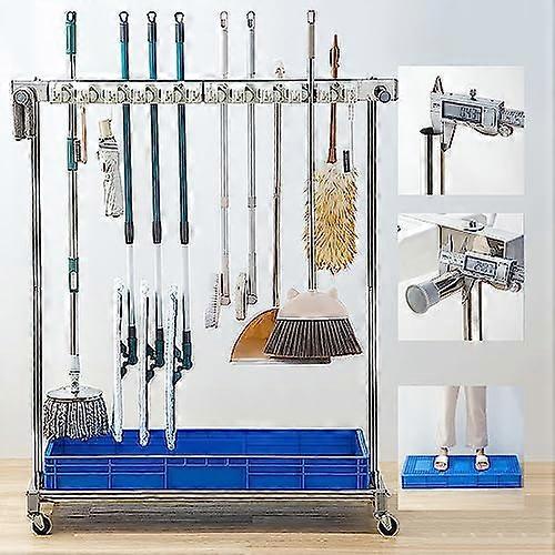 Mop and Broom Organizer with Lockable Wheels, SpaceSaving Tool Rack for Garage and Laundry Room