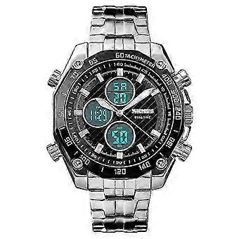 2025 SKMEI 1302 Fashion Men Leisure Wrist Watch Multifunctional Dual-time Sports Digital Watch with Stainless Steel Watchband 30m Waterproof