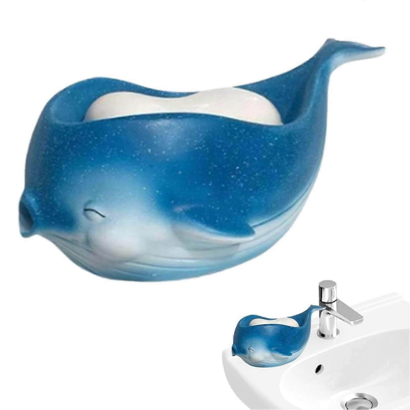 Whale Shaped Soap Dish with Quick Drain Design, Resin Self Draining Holder for Bathroom