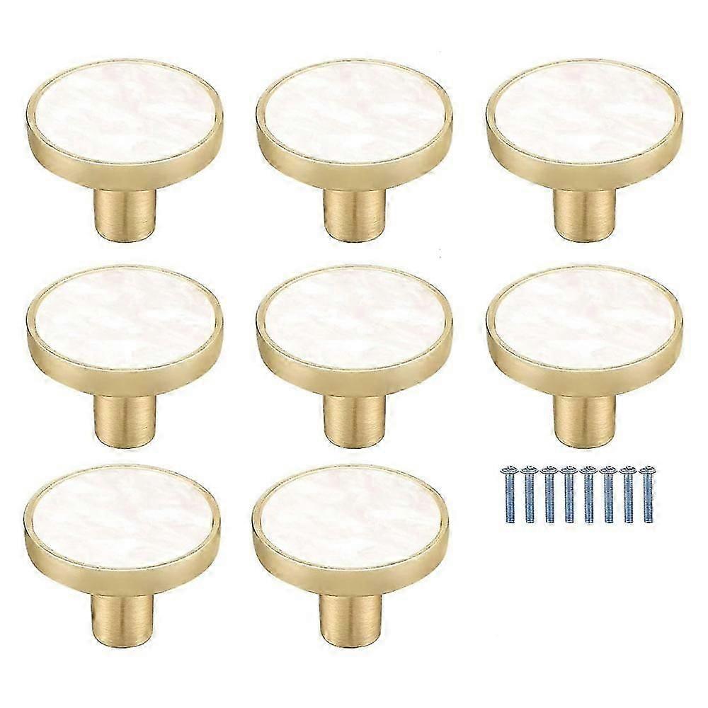 8 Pack White Marbled Brass Round Cabinet Knobs - White Decorative Drawer Knobs - Gold Dresser Knobs for Kitchen Furniture, Clothes Hooks