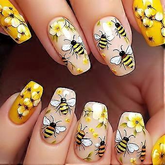 Medium Length Yellow Bee Floral Press on Nails, 24pcs Reusable Glossy Fake Nails for Women