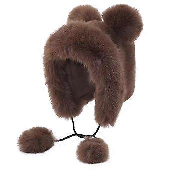 Furry Bear Ear Hat for Women Winter Outdoor Cycling Skiing, Cute Plush Thick Warm Adjustable Fit White