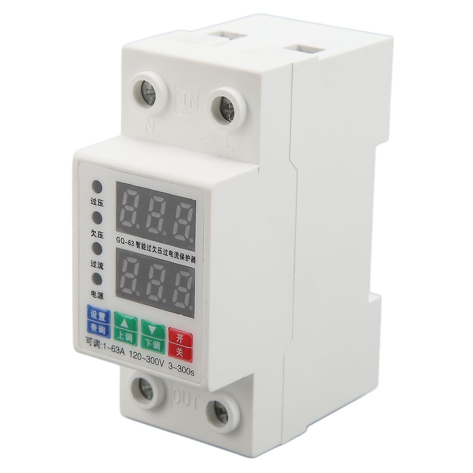 Uadme Voltmeter, 2 Phase DIN Rail Voltmeter Automatic Adjustable Overvoltage Overcurrent Protector Circuit Breaker 120‑300V 1A‑63A