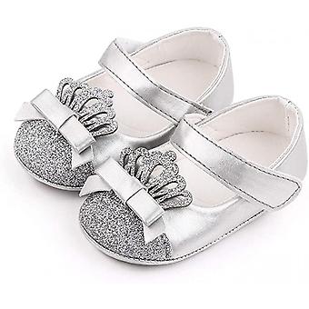 Veeki Baby Girls Soft Sole Bowknot Princess Wedding Dress Mary Jane Flats Prewalker Newborn Light Baby Sneaker Shoes----- Sliver 13cm