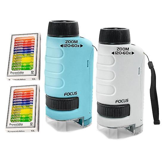 2Pcs Kids Microscope with 24 Samples 60-120X Magnification Clear Lenses Toddlers Portable Mini Handheld LED Biological Microscope Educational