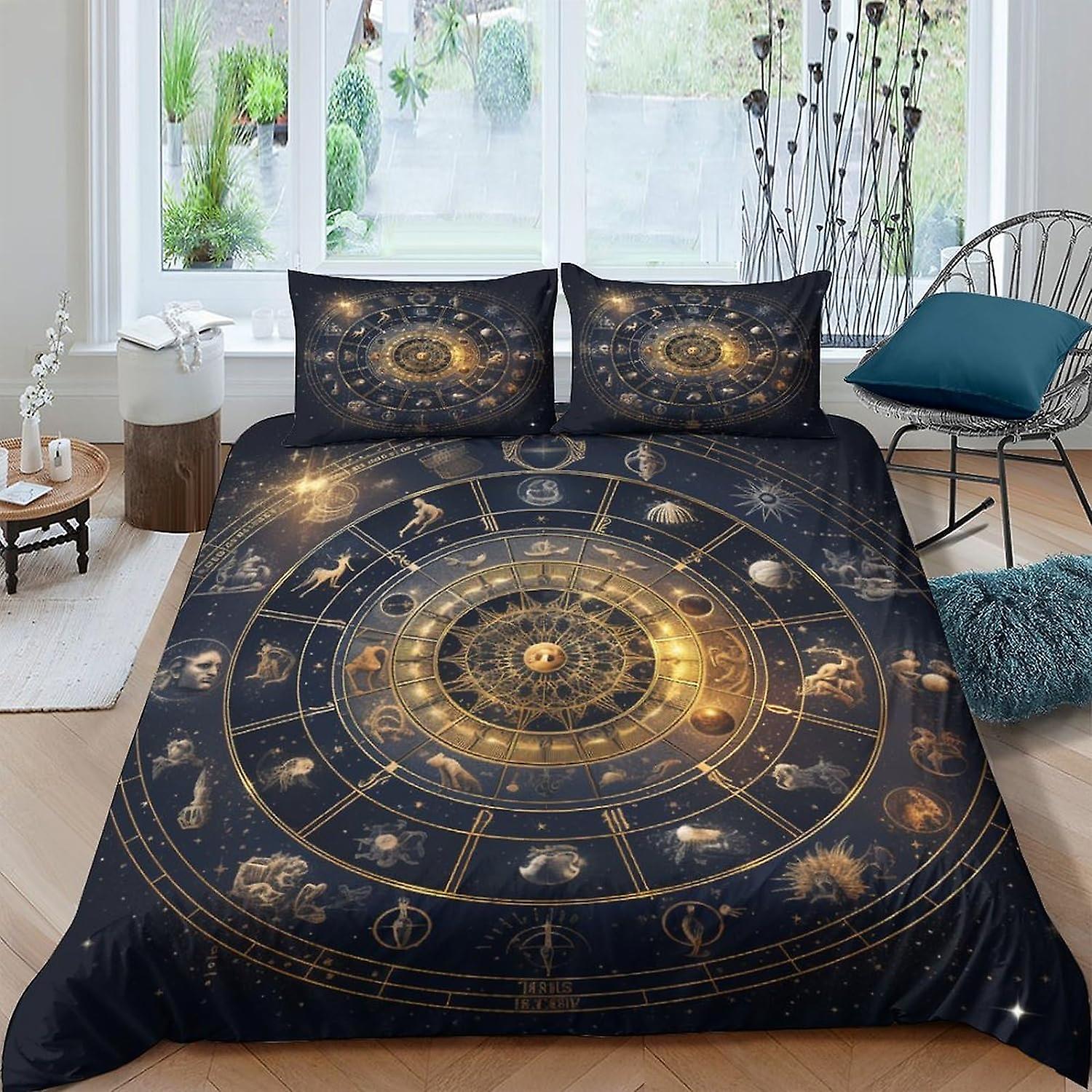 VCLUST Astrolabe 3D Impression numérique Ensembles de literie avec taie d’oreiller Housse de couette Ss Soft Microfibre 3 Piece Set Twelve Zodiac Signs Housse de couette avec fermeture éclair