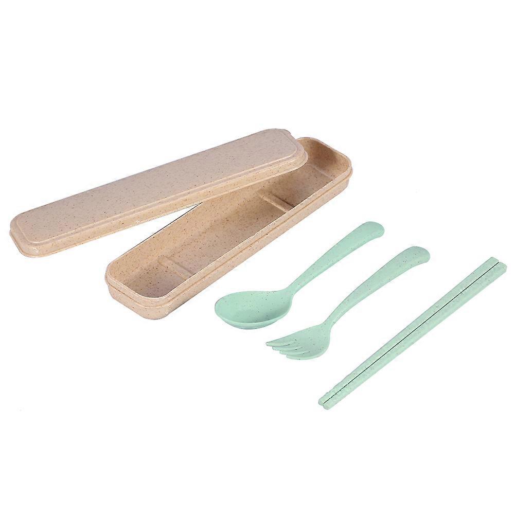 3Pcs/set Portable Cute Spoon Fork Chopsticks Wheat Straw Travel Tableware Set With Box (Green)