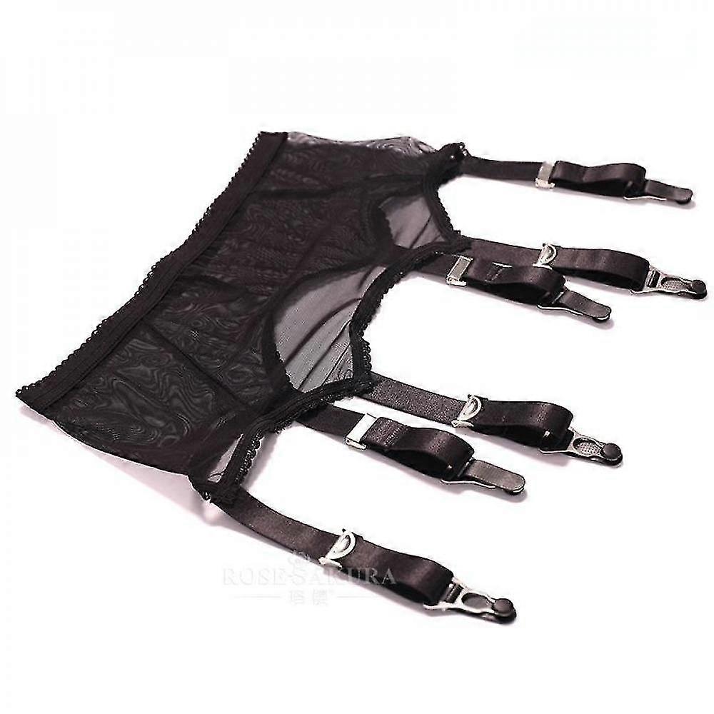 New ModelsAllacki Sheer Mesh 6 Straps Black Suspender Belt with Lace Edge Sexy Lingerie LCC