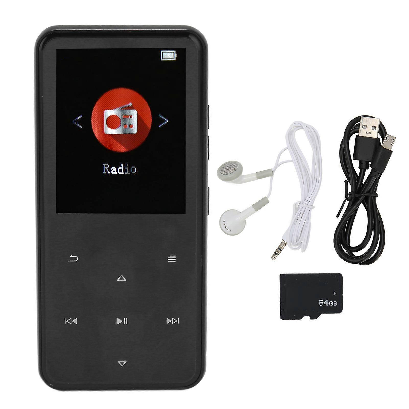 MP3 Player 2.4 Inch Smart HD Noise Reduction Touch Button FM Radio 16GB Bluetooth 5.0 Music Player with Memory Card Black 64GB Memory Card