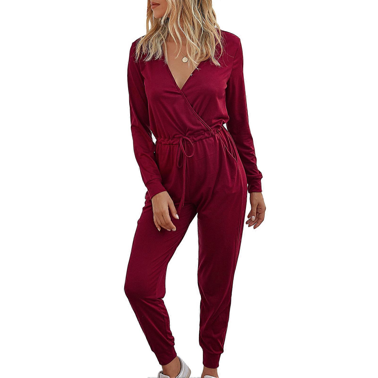 Långärmade byxor Jumpsuit Smal Snörning V-hals Polyester Mode Ledigt Damkläder Vinröd XL