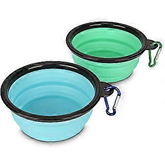 ZK-Foldable dog bowl, portable travel silicone pet water bowl, blue green 2-piece set, BPA food grade silicone free