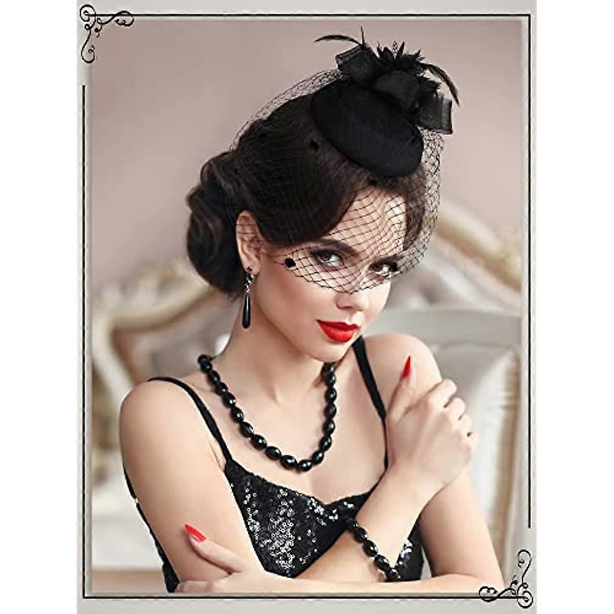 Women\'s Derby Fascinator Set with Feathers Veil Mesh Hat Lace Gloves Pearl Formal Occasion Headpiece 3-Piece Women main image 2