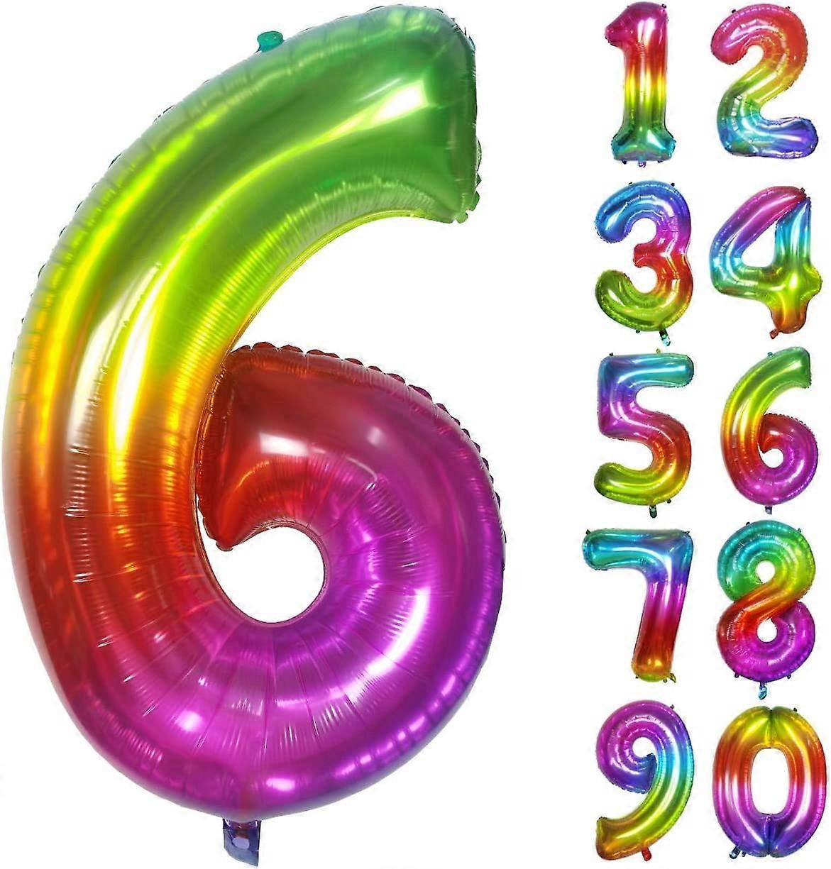 Ballon numéroté d'anniversaire de 101 cm, grand nombre de ballons, ballon arc-en-ciel numéro 6 pour décorations d'anniversaire (numéro 6)
