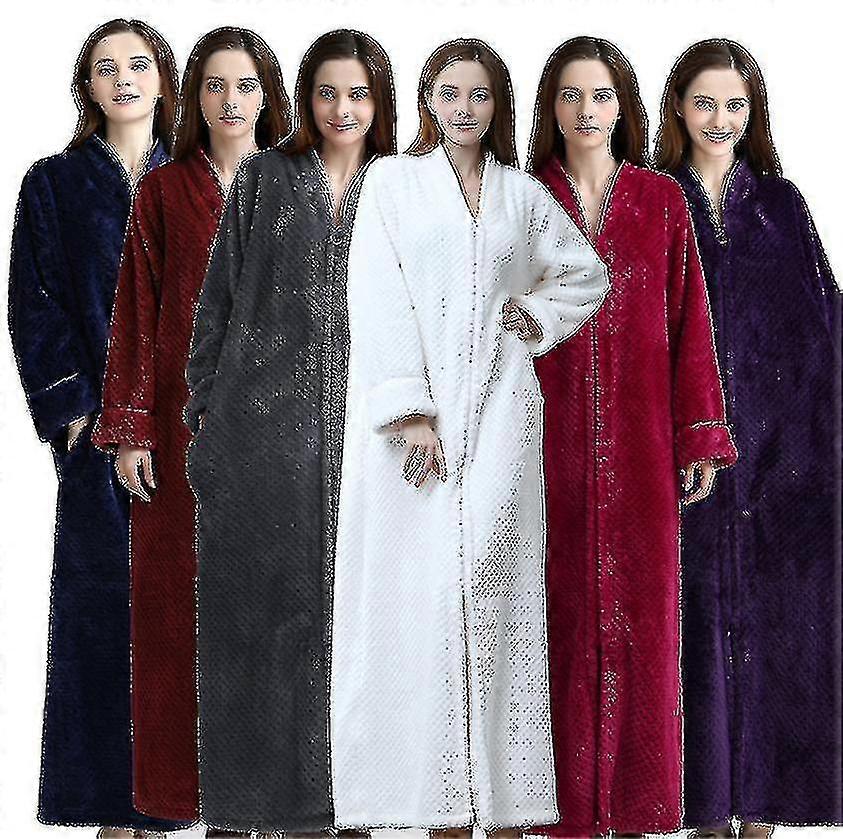 Zipper Bathrobe For Womens Flannel Fleece Robes Winter Warm Housecoat Nightgown