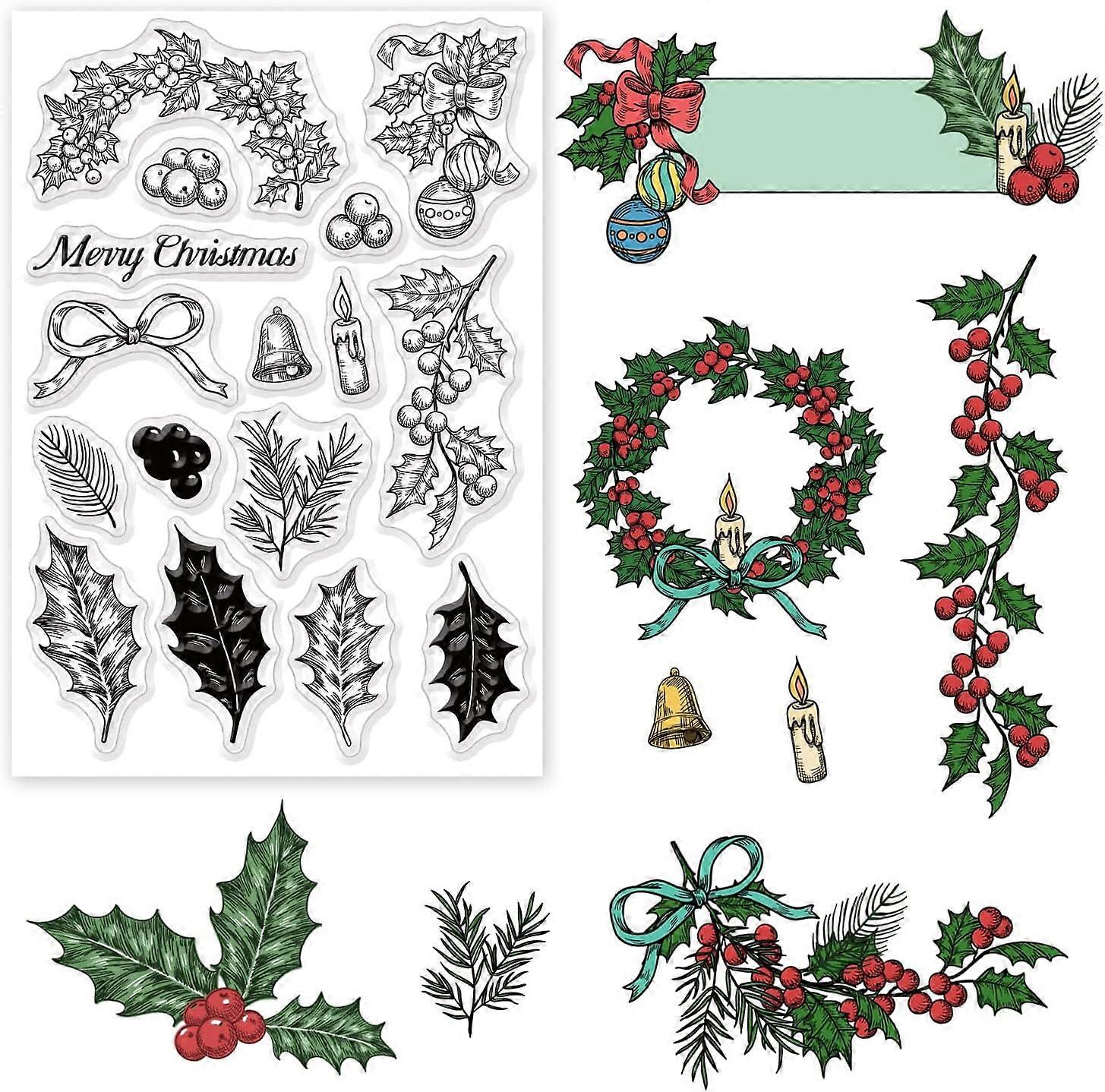 Merry Christmas Themed Clear Stamps Holly Leaf/Pine Needle/Candle/Bell/Bow Pattern Clear Rubber Stamps