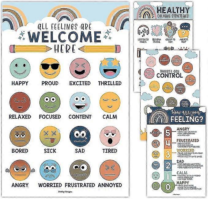 4 Boho Feelings Chart For Kids Learning Posters For Walls - List Of Feelings Poster For Kids Educational Posters For Classroom Decorations, Periodic T