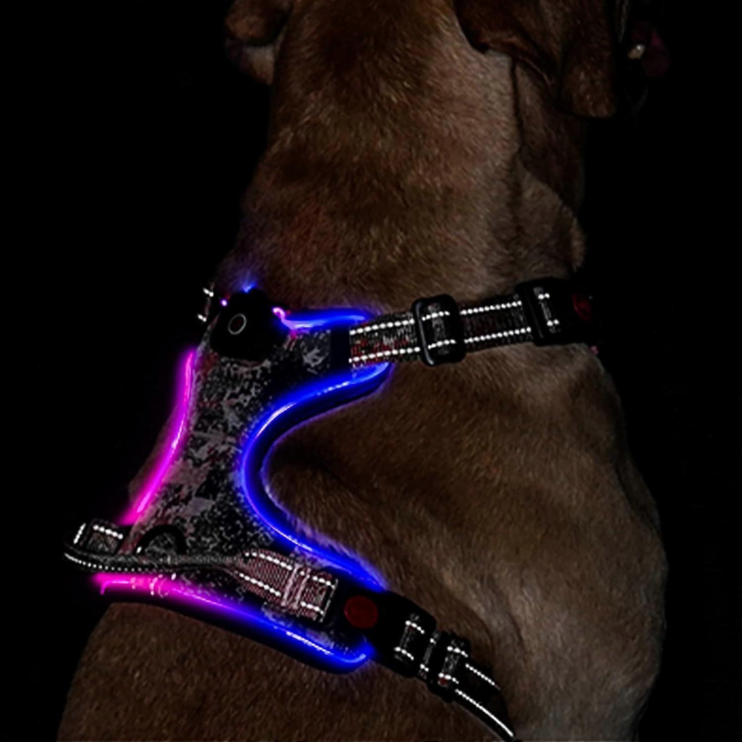 LED Light Up Dog Harness: Reflective Adjustable Vest with Rechargeable, No-Choke Pet Harness Easy Control Handle (Camouflage,L)