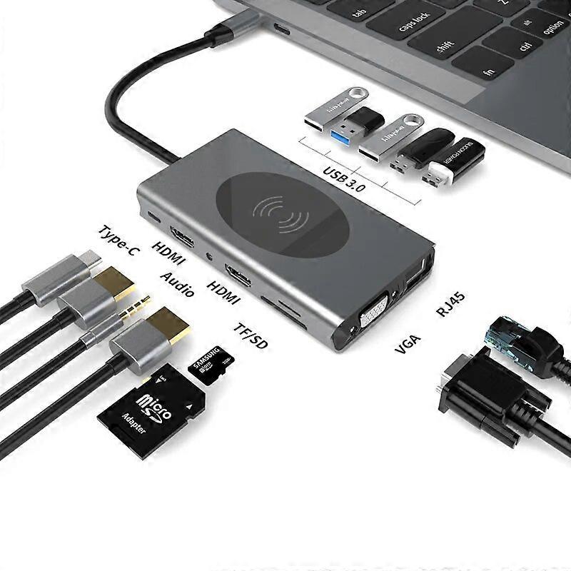 13/14/15 in 1 Type C Hub Dock Station USB Hub To 4K HDMI RJ45 Compatible Wireless Charging PD 100W Fast Charge USB 3.0 Adapter