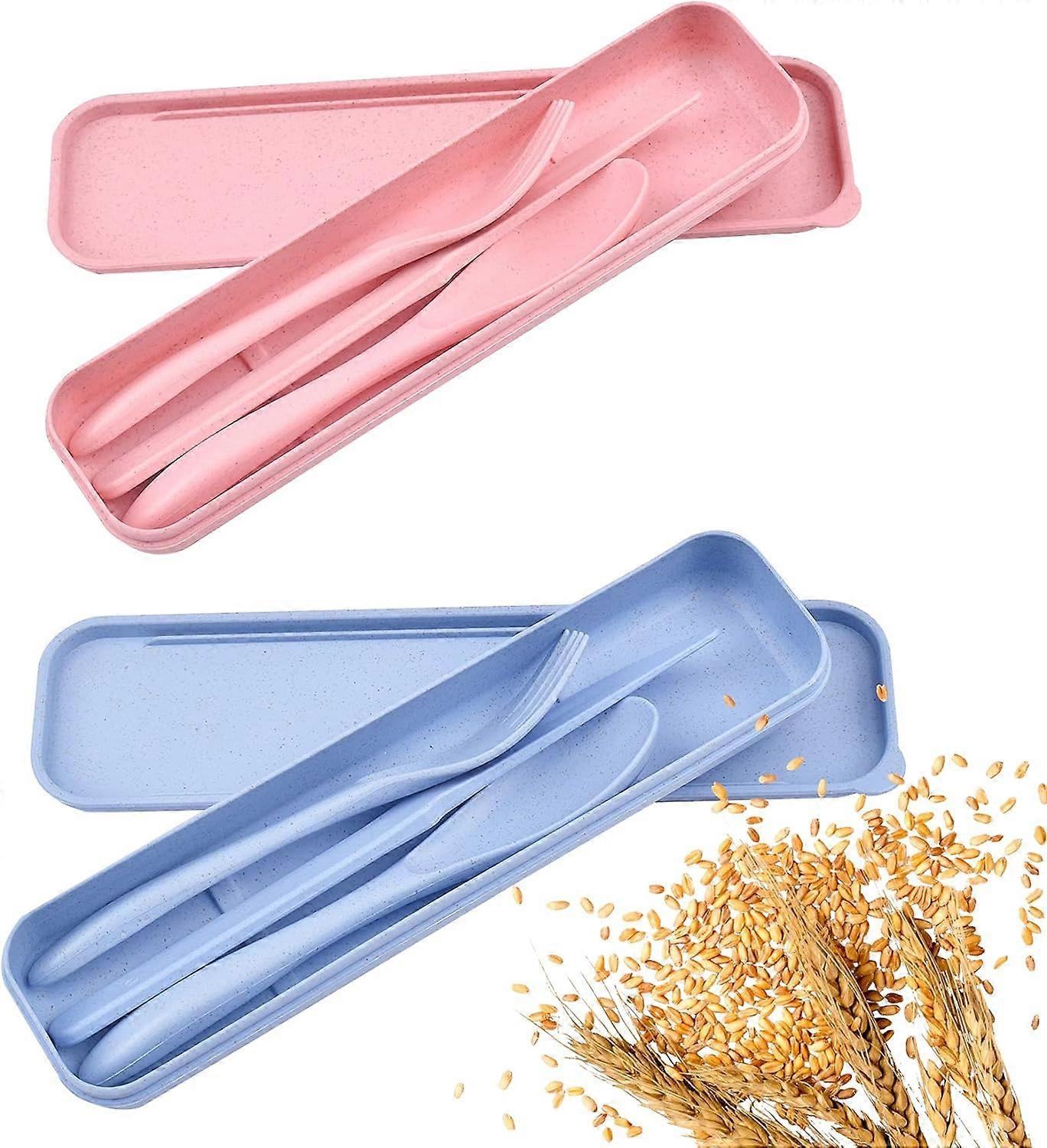 Travel Utensil Set with Case, 2 Sets Wheat Straw Reusable Spoon Chopstick Forks Tableware