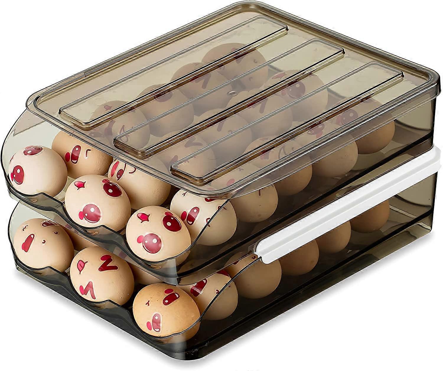 Egg Box with Lid, 2 Tier Automatic Refrigerator Roller Egg Storage Stackable Fridge Organizer